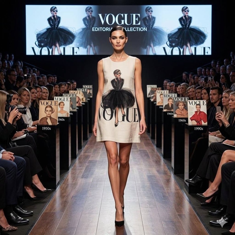 Favori‎ Vogue Graphic Print Sleeveless Shift Dress Cream Tan EU 42 US Large